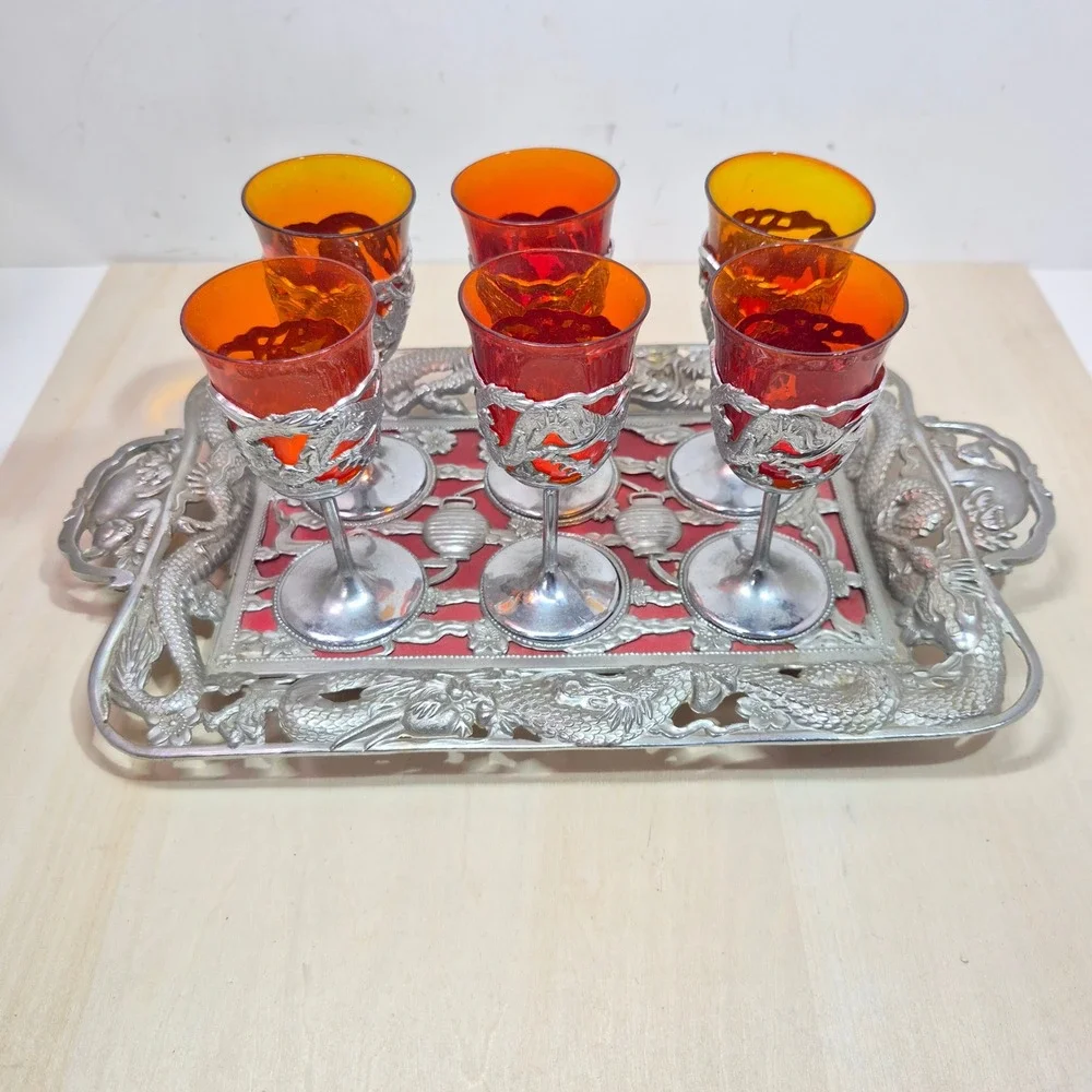 Vintage Japanese Sake Set 6 Red Dragon Cordial Glasses and Matching Serving Tray